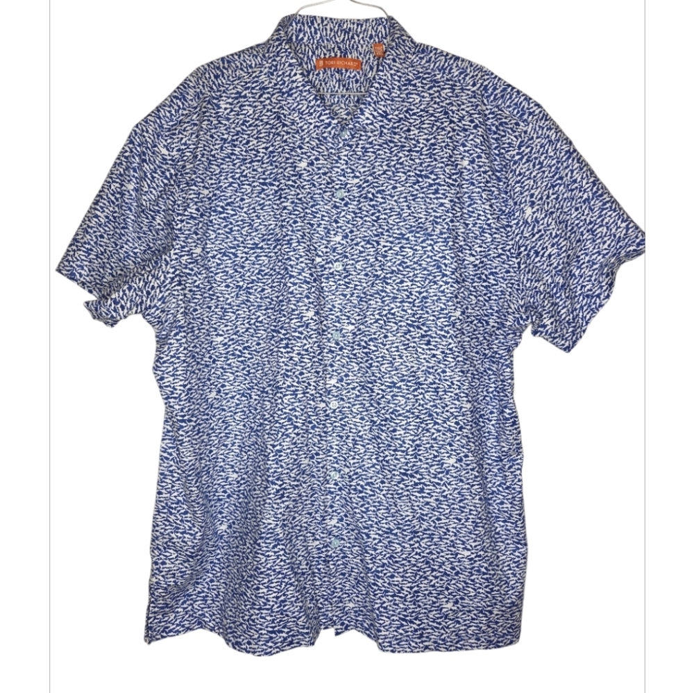 Tori Richard Men's Blue White Shark Tank Print Short Sleeve Shirt Size 2XL